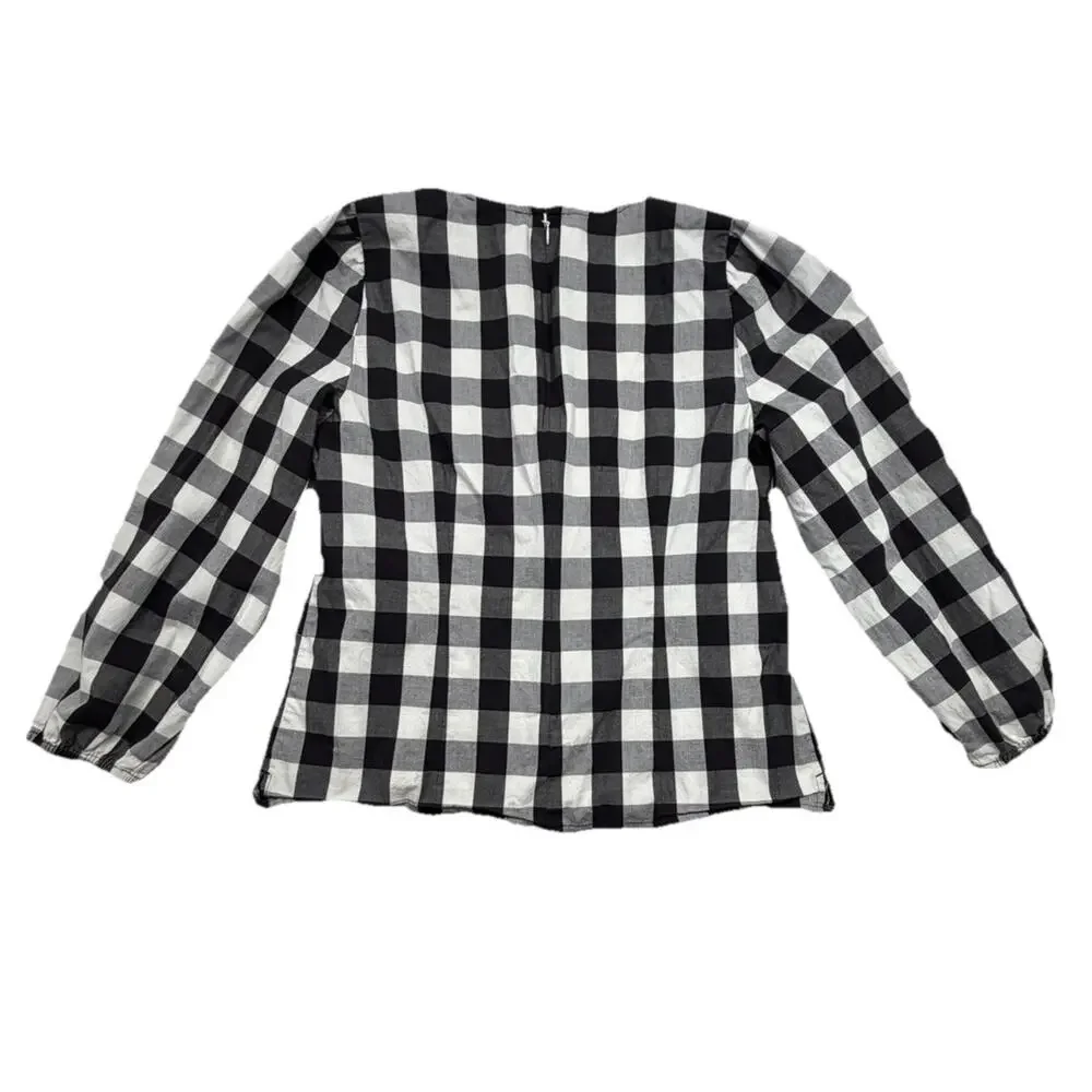 J. Crew Puff Sleeve Blouse Top Gingham Black and White Size 8 Classic Cotton